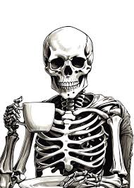 A skeletion holding a coffe mug